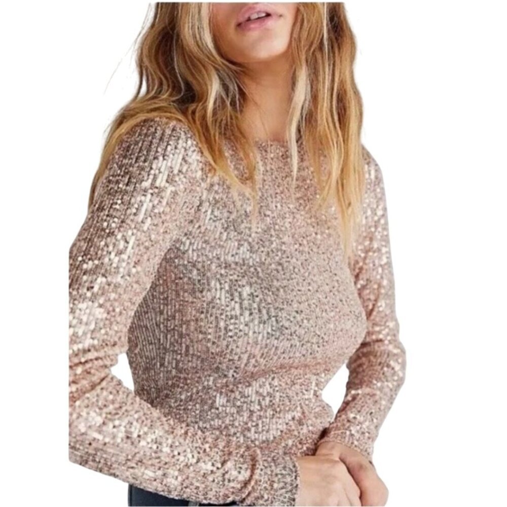 Free People Intimately Free NWT Gold Rush Sequined Tee Rose Tyrie Size S